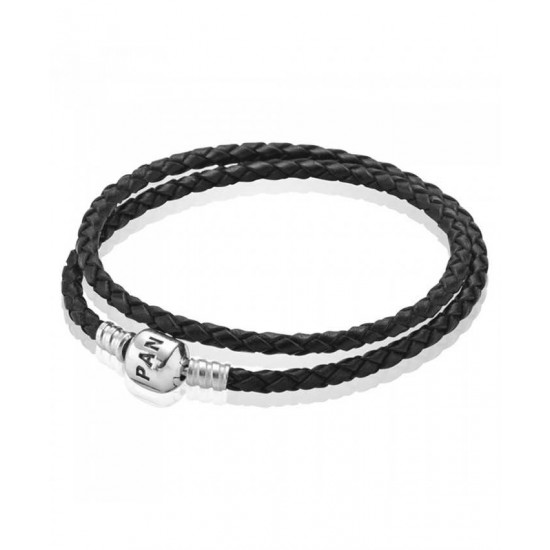 Pandora Bracelet-Silver And Black Double Braided Leather Jewelry